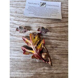 Nature’s Creations Oak Leaf Acorn Brooch Pin Matching Leaf Stud Earrings Copper